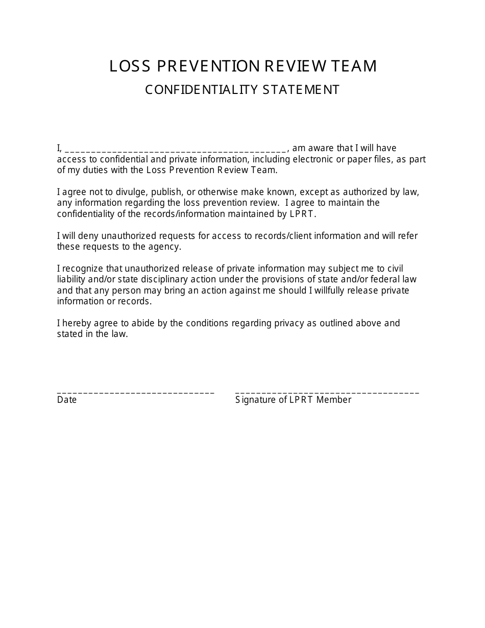 Loss Prevention Review Team Confidentiality Statement - Washington, Page 1
