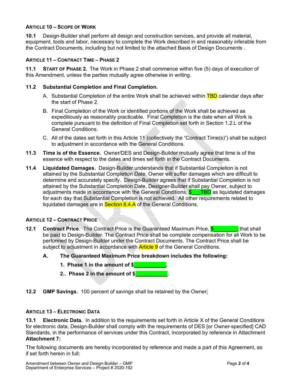 Attachment 1A Design-Build Services Contract Amendment - Pierce College - Fort Steilacoom Olympic South Building - Draft - Washington, Page 2