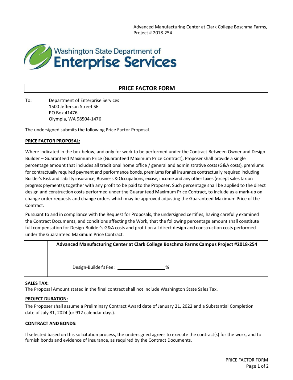 Attachment 11 Price Factor Form - Clark College - Advanced Manufacturing Center Building - Washington, Page 2