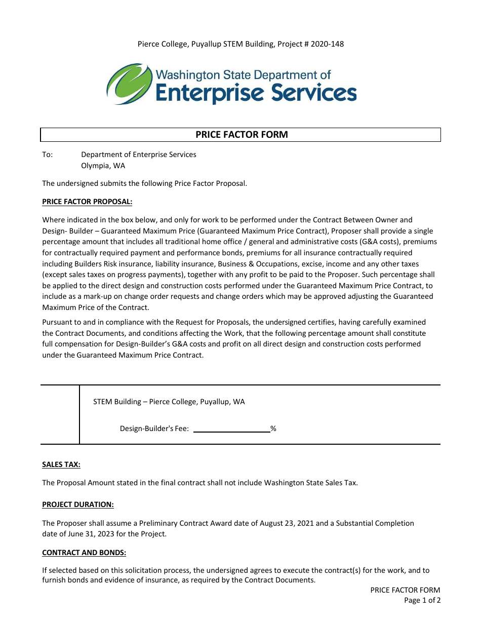 Attachment 11 Price Factor Form - Pierce College Stem Building - Washington, Page 2