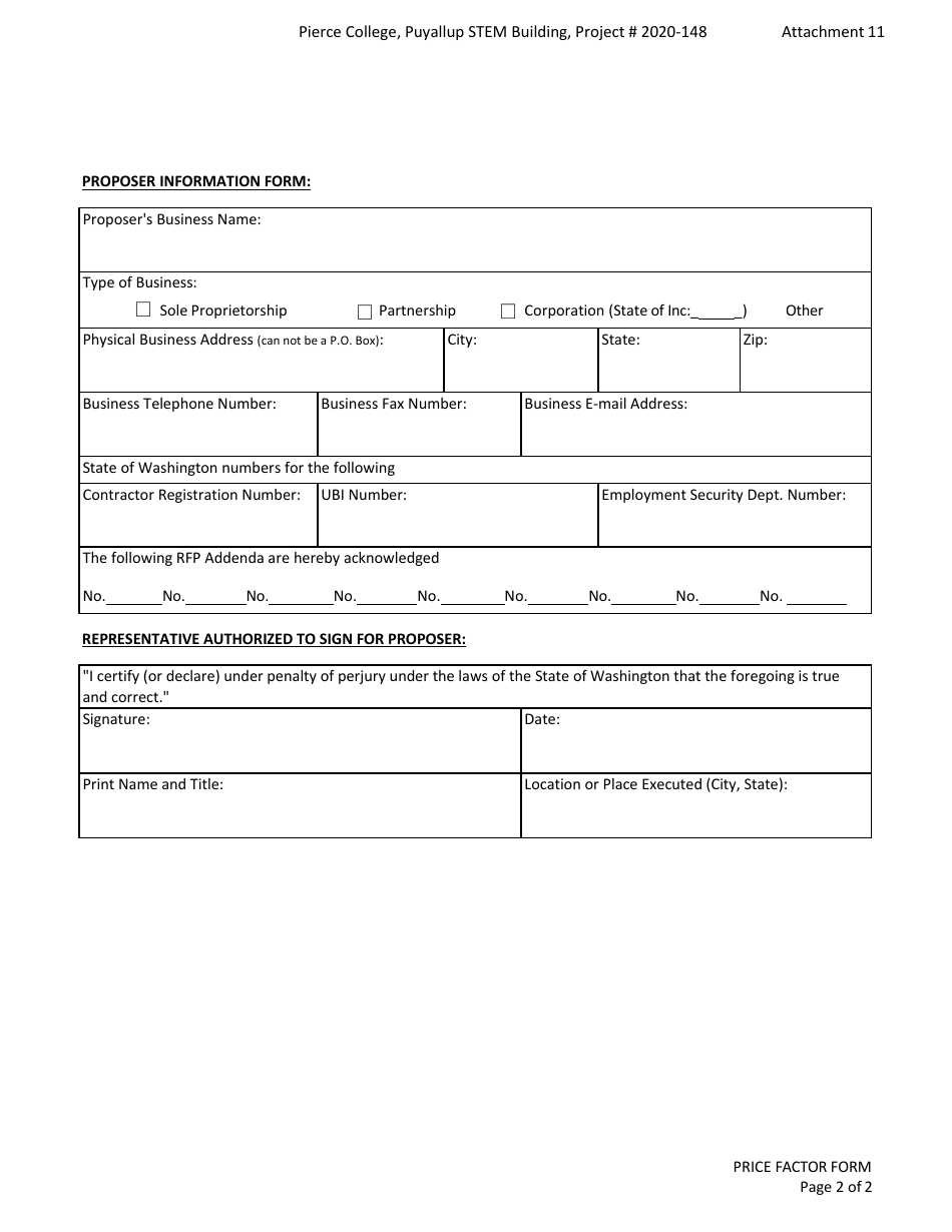 Attachment 11 Price Factor Form - Pierce College Stem Building - Washington, Page 3