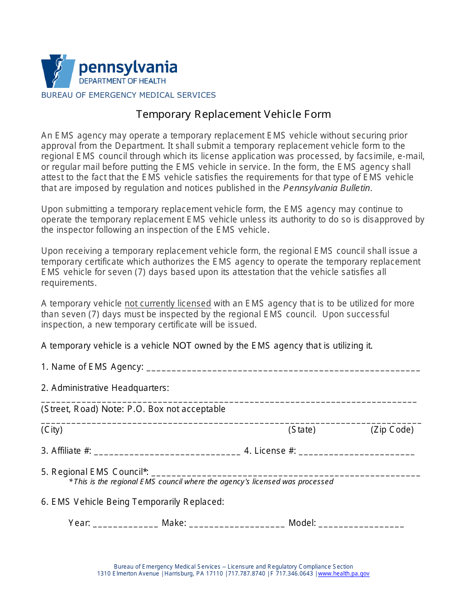 Temporary Replacement Vehicle Form - Pennsylvania, Page 1