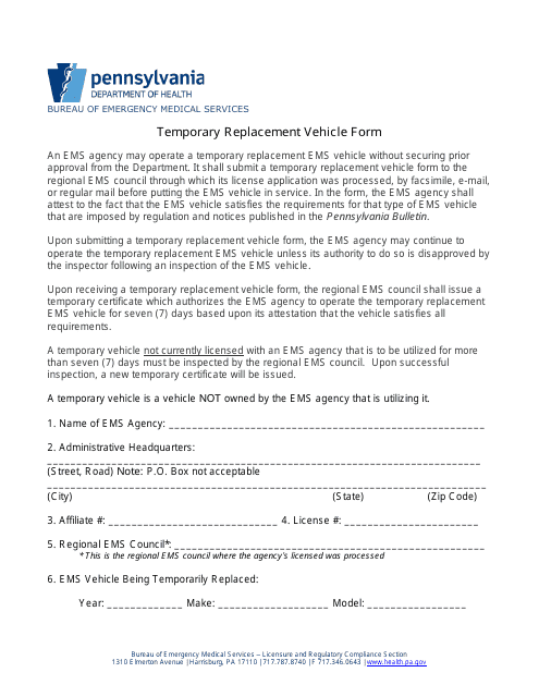 Temporary Replacement Vehicle Form - Pennsylvania Download Pdf