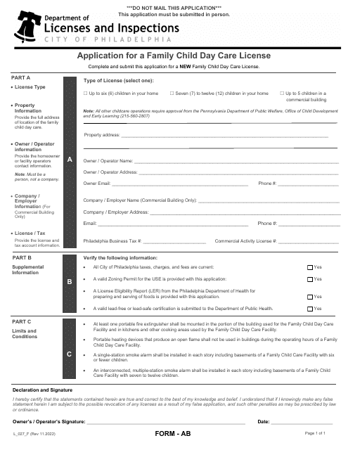 Form AB (L_027_F) Application for a Family Child Day Care License - City of Philadelphia, Pennsylvania