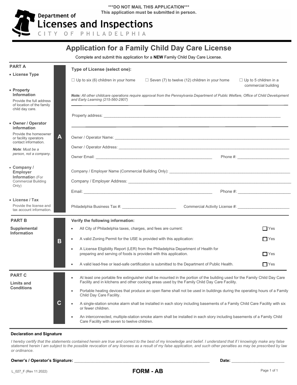 Form AB (L_027_F) Application for a Family Child Day Care License - City of Philadelphia, Pennsylvania, Page 1
