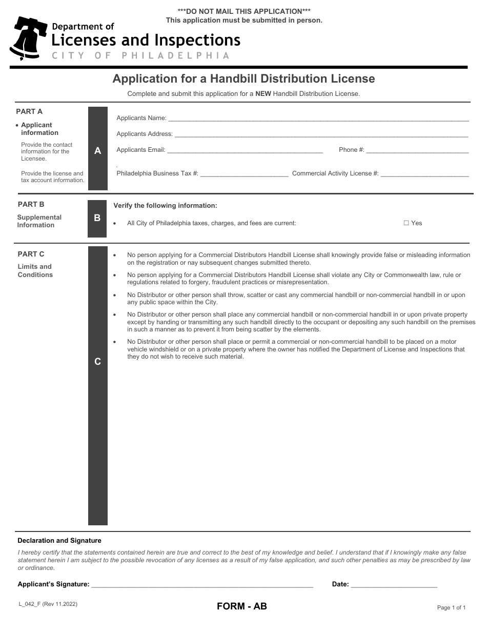 Form AB (L_042_F) Application for a Handbill Distribution License - City of Philadelphia, Pennsylvania, Page 1