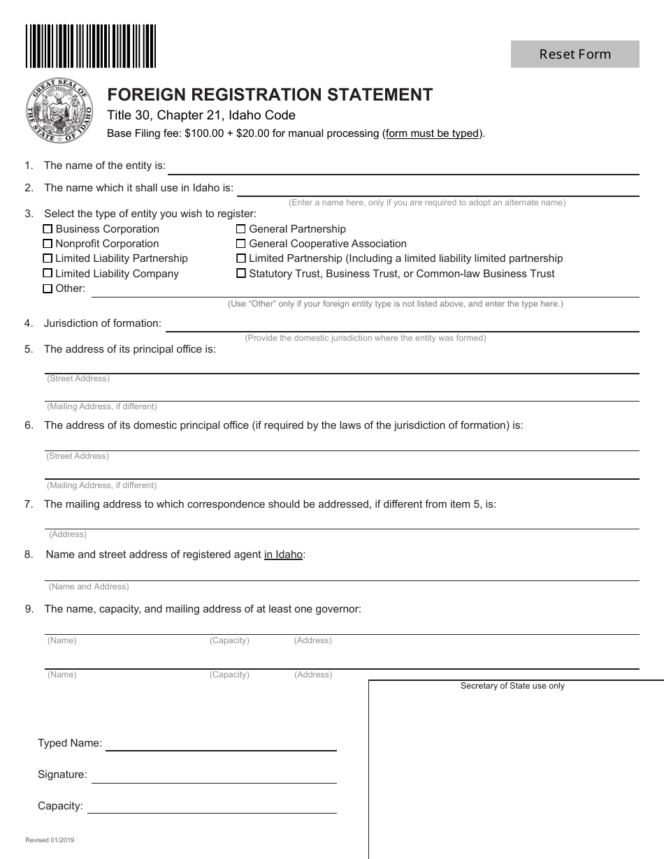 Foreign Registration Statement - Idaho, Page 1