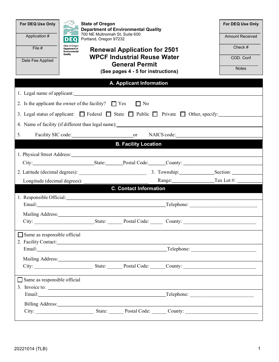 Renewal Application for 2501 Wpcf Industrial Reuse Water General Permit - Oregon, Page 1