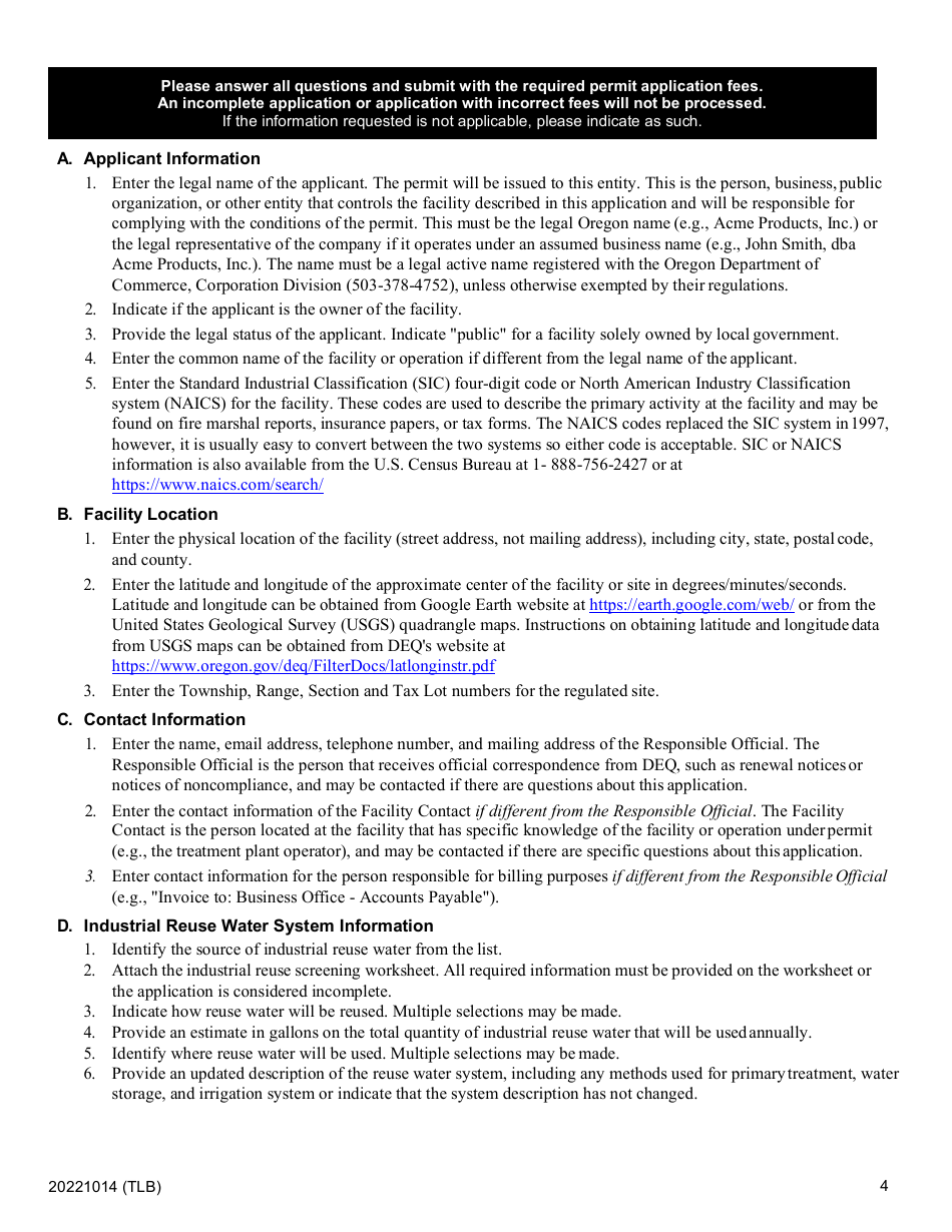 Renewal Application for 2501 Wpcf Industrial Reuse Water General Permit - Oregon, Page 4