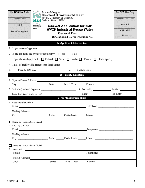Renewal Application for 2501 Wpcf Industrial Reuse Water General Permit - Oregon Download Pdf