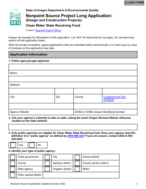 Nonpoint Source Project Long Application (Design and Construction Projects) - Clean Water State Revolving Fund - Oregon Download Pdf