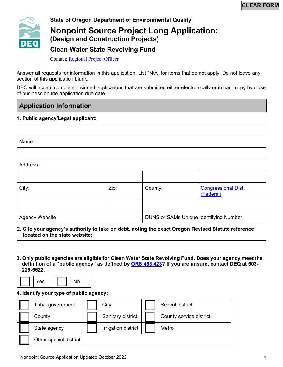 Nonpoint Source Project Long Application (Design and Construction Projects) - Clean Water State Revolving Fund - Oregon, Page 1