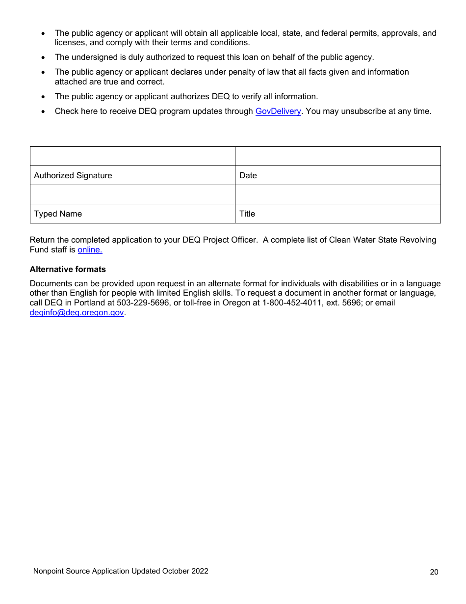 Nonpoint Source Project Long Application (Design and Construction Projects) - Clean Water State Revolving Fund - Oregon, Page 20
