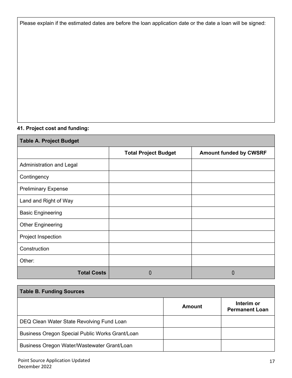 Point Source Project Loan Application (Design and Construction Projects) - Clean Water State Revolving Fund - Oregon, Page 17