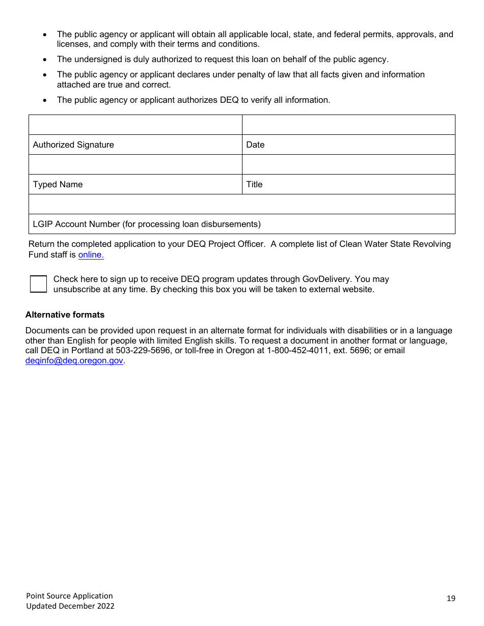 Point Source Project Loan Application (Design and Construction Projects) - Clean Water State Revolving Fund - Oregon, Page 19