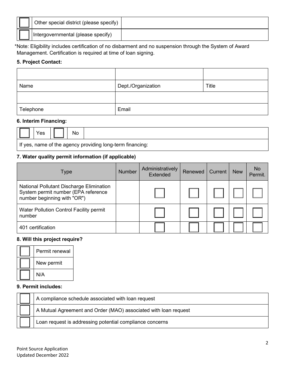 Point Source Project Loan Application (Design and Construction Projects) - Clean Water State Revolving Fund - Oregon, Page 2
