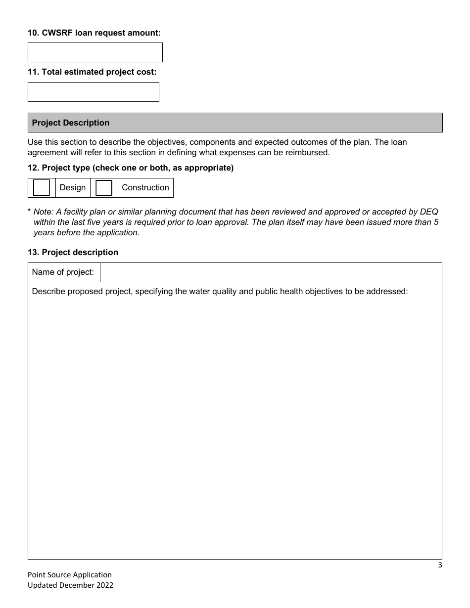Point Source Project Loan Application (Design and Construction Projects) - Clean Water State Revolving Fund - Oregon, Page 3