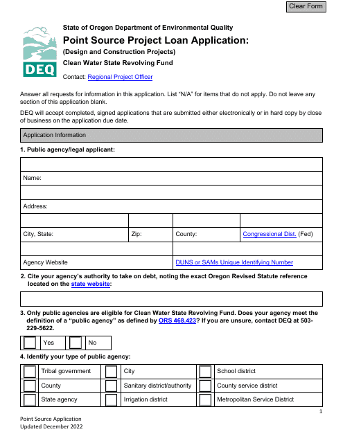 Point Source Project Loan Application (Design and Construction Projects) - Clean Water State Revolving Fund - Oregon Download Pdf
