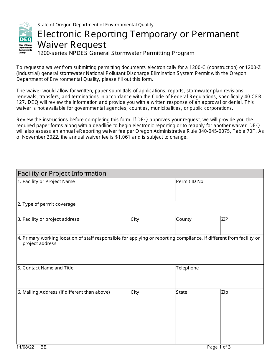 Oregon Electronic Reporting Temporary or Permanent Waiver Request