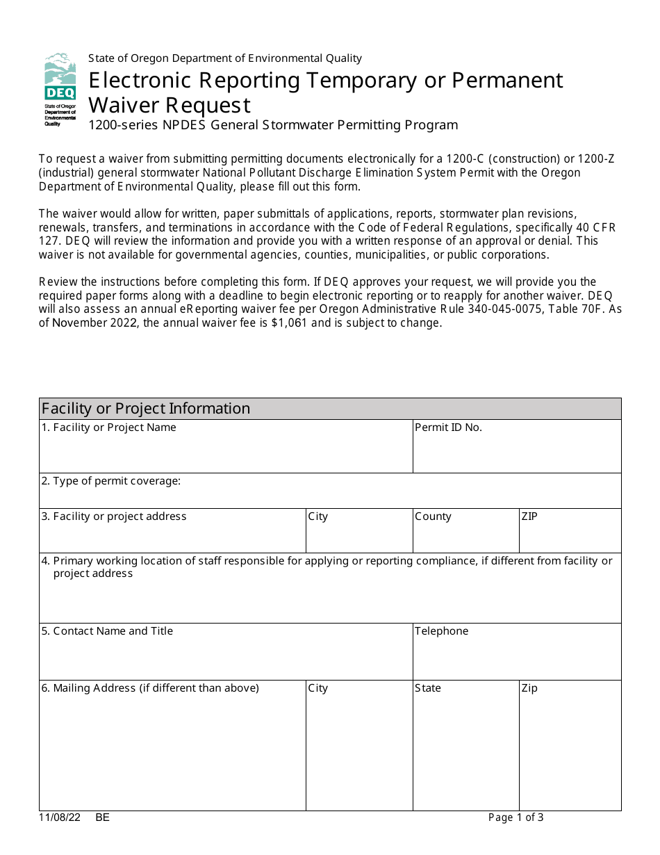 Electronic Reporting Temporary or Permanent Waiver Request - 1200-series Npdes General Stormwater Permitting Program - Oregon, Page 1