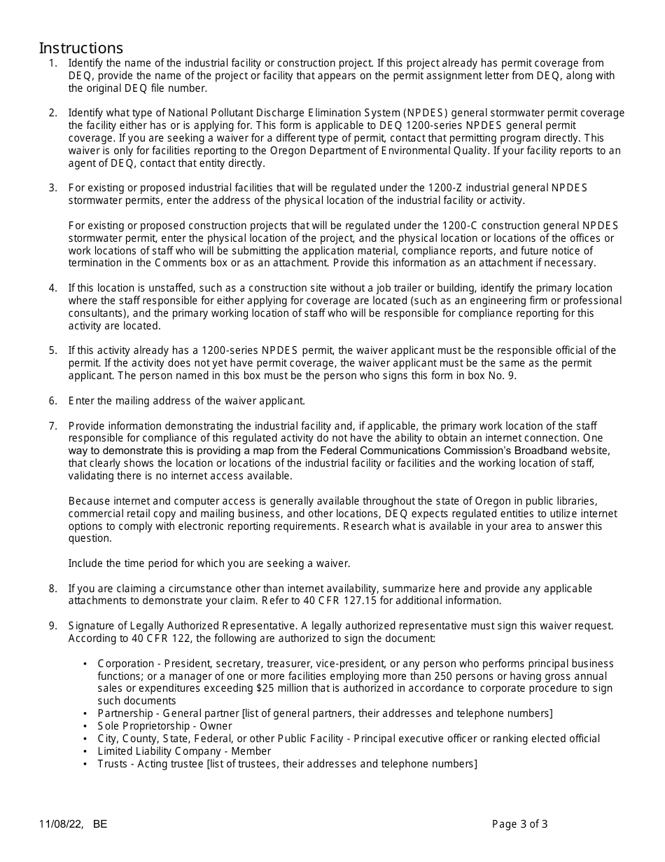 Electronic Reporting Temporary or Permanent Waiver Request - 1200-series Npdes General Stormwater Permitting Program - Oregon, Page 3