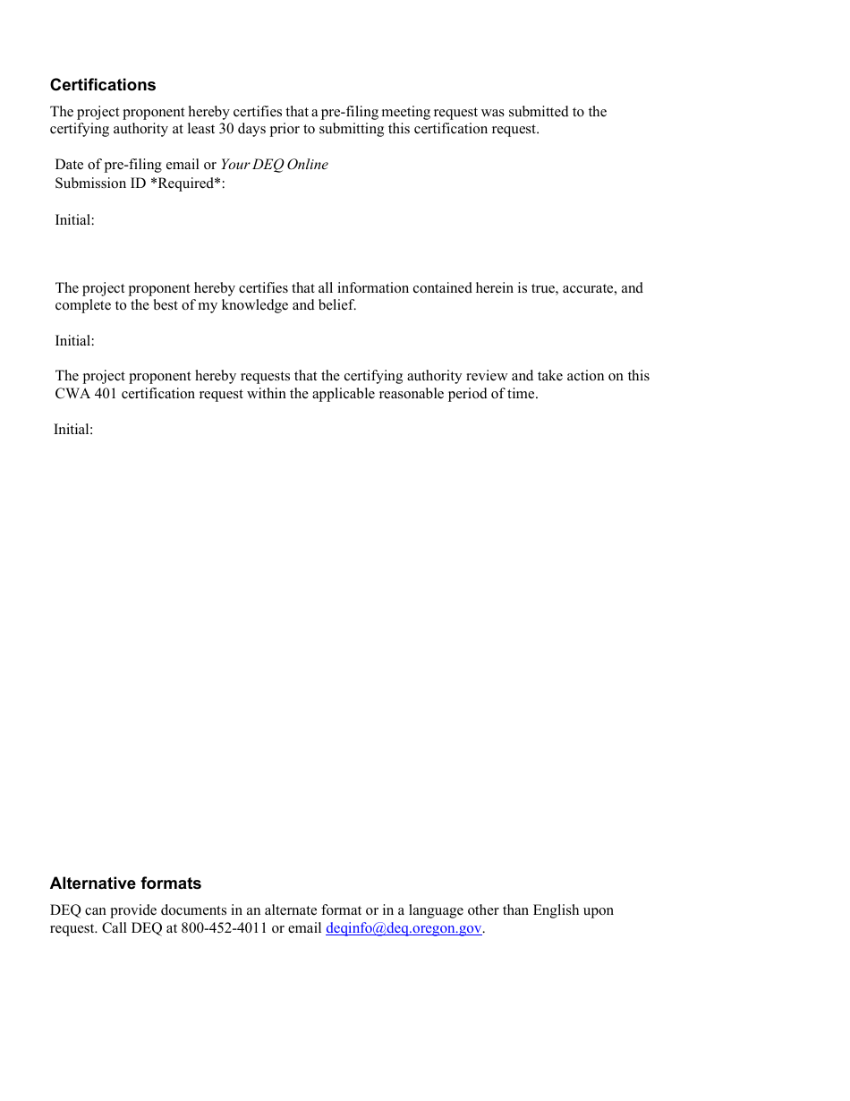 Request for Certification - Clean Water Act Section 401 Water Quality - Oregon, Page 3