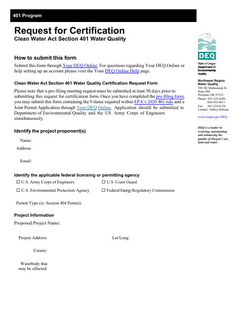 Request for Certification - Clean Water Act Section 401 Water Quality - Oregon Download Pdf