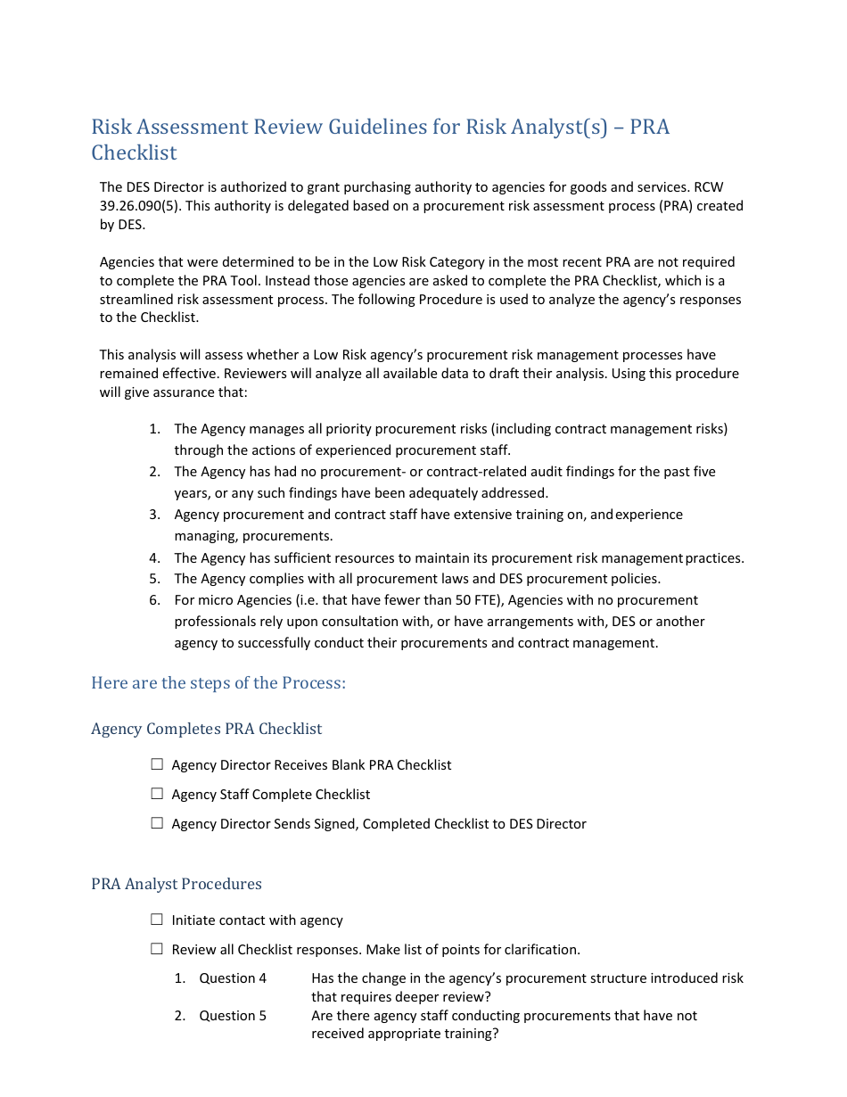 Risk Assessment Review Guidelines for Risk Analyst(S) - Pra Checklist - Washington, Page 1