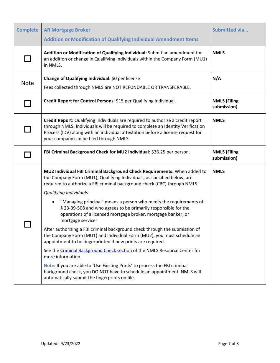 Ar Mortgage Broker License Amendment Checklist (Company) - Arkansas, Page 7