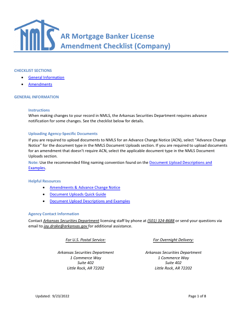 Ar Mortgage Banker License Amendment Checklist (Company) - Arkansas Download Pdf