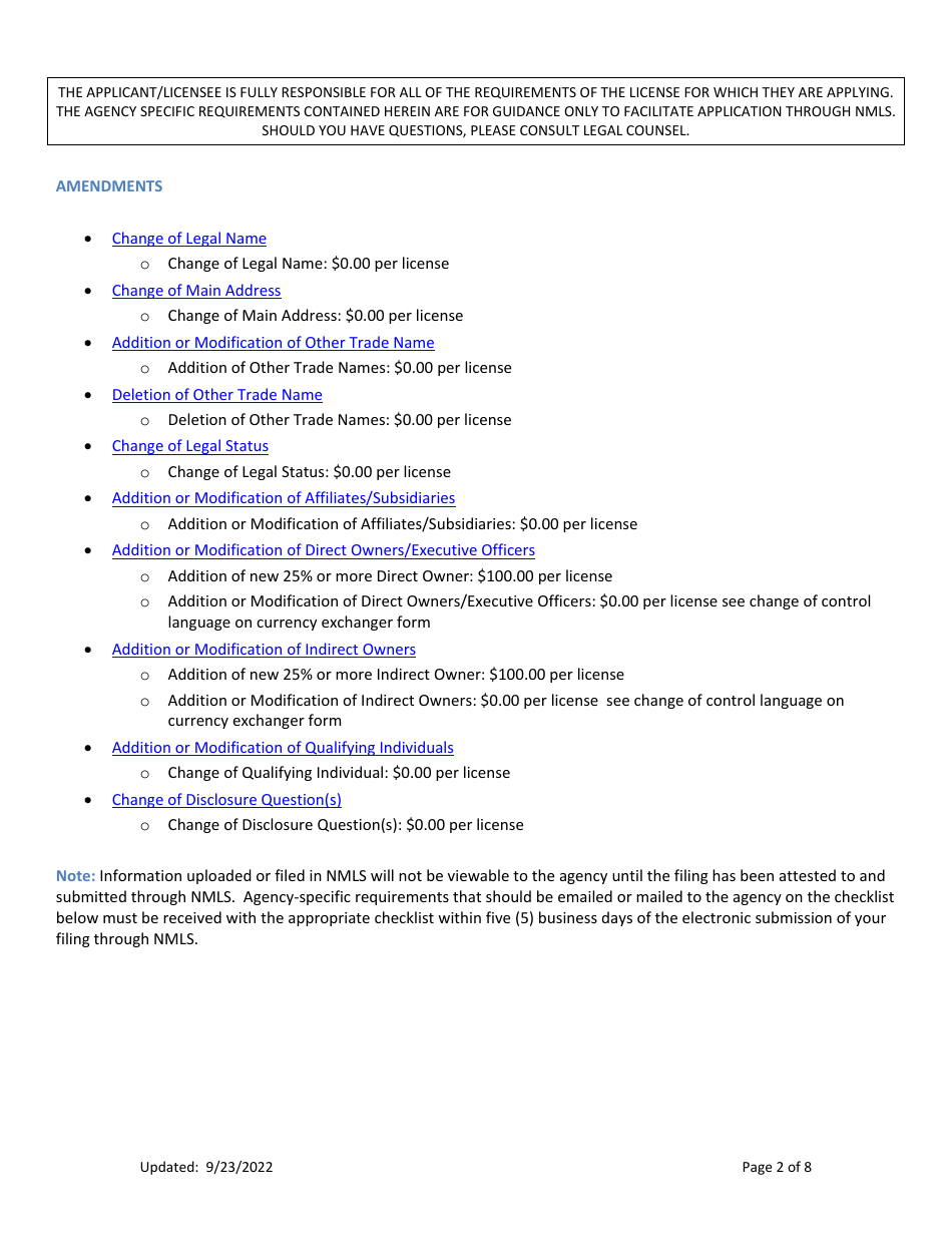 Ar Mortgage Servicer License Amendment Checklist (Company) - Arkansas, Page 2