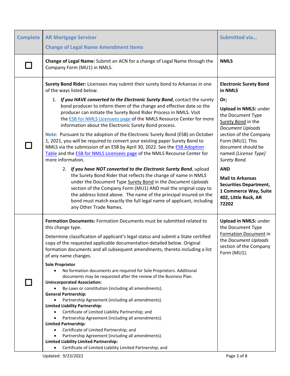 Ar Mortgage Servicer License Amendment Checklist (Company) - Arkansas, Page 3