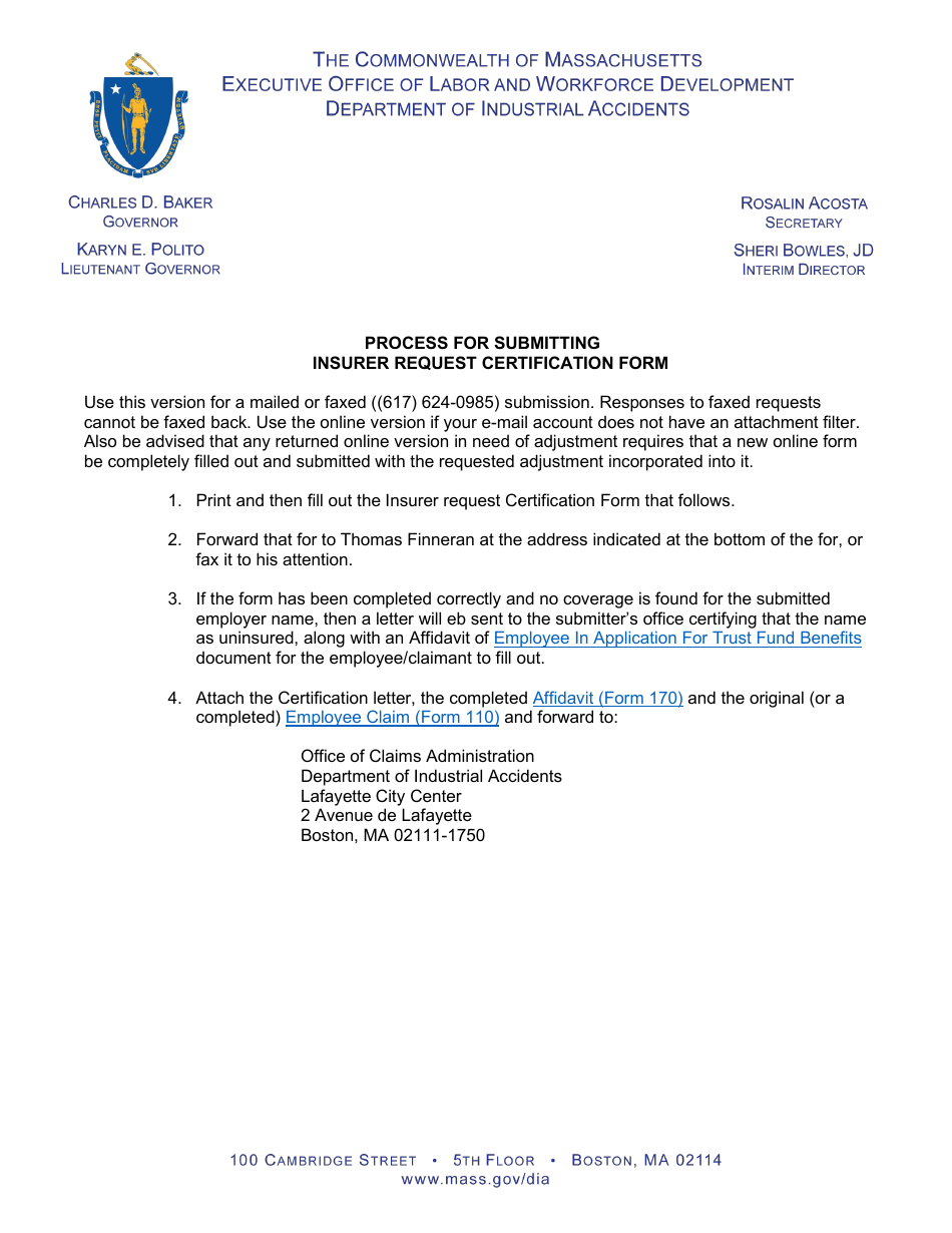 Insurer Request Certification - Massachusetts, Page 1
