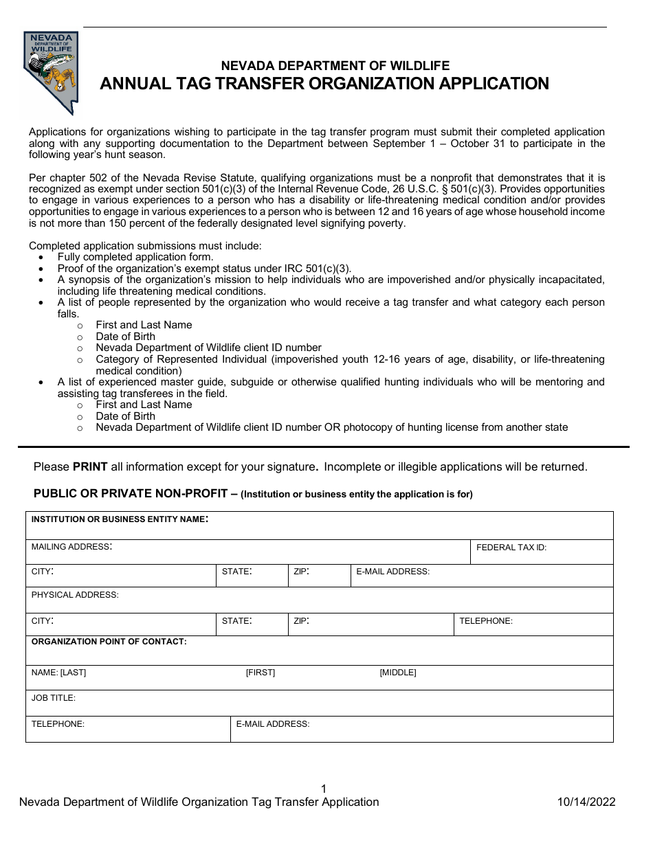 Annual Tag Transfer Organization Application - Nevada, Page 1