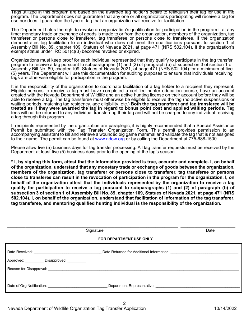 Annual Tag Transfer Organization Application - Nevada, Page 2