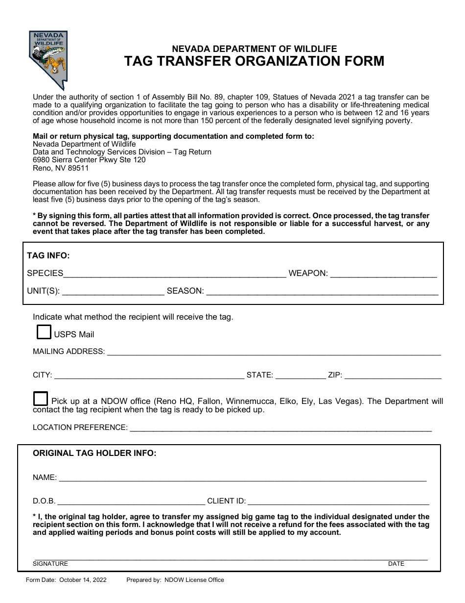 Tag Transfer Organization Form - Nevada, Page 1