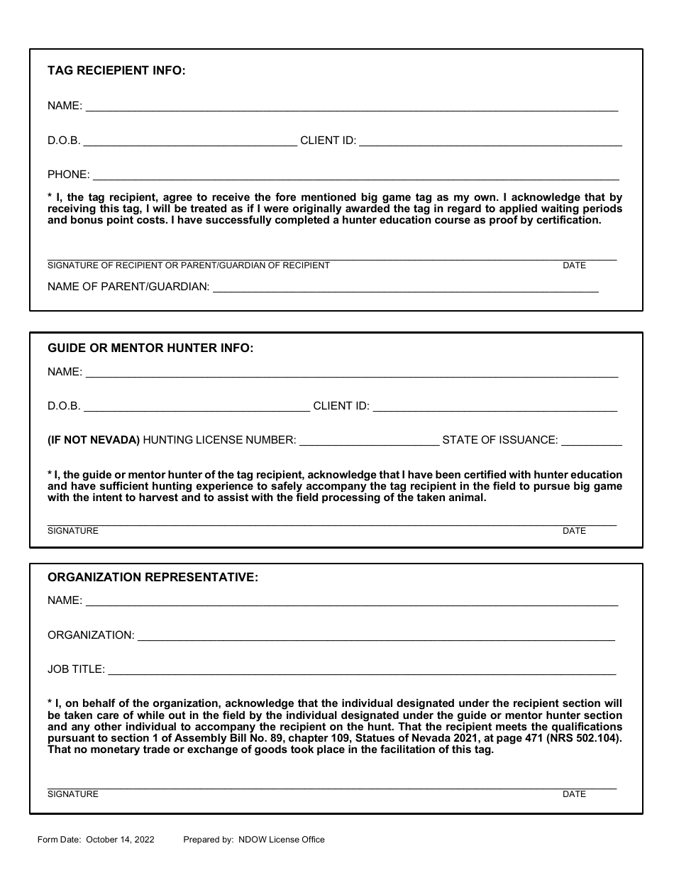 Tag Transfer Organization Form - Nevada, Page 2