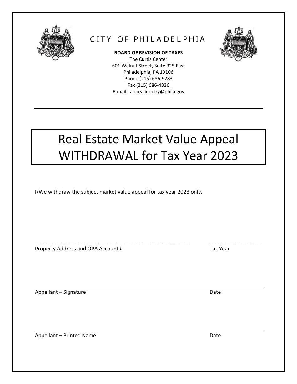 Real Estate Market Value Appeal Withdrawal - City of Philadelphia, Pennsylvania, Page 1