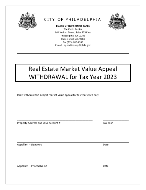 Real Estate Market Value Appeal Withdrawal - City of Philadelphia, Pennsylvania, 2023