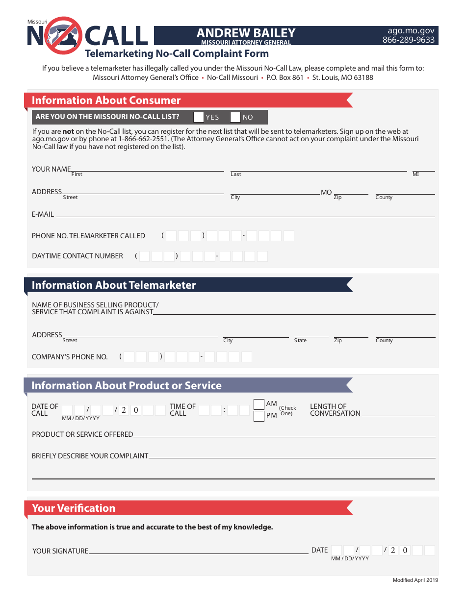 Telemarketing No-Call Complaint Form - Missouri, Page 1