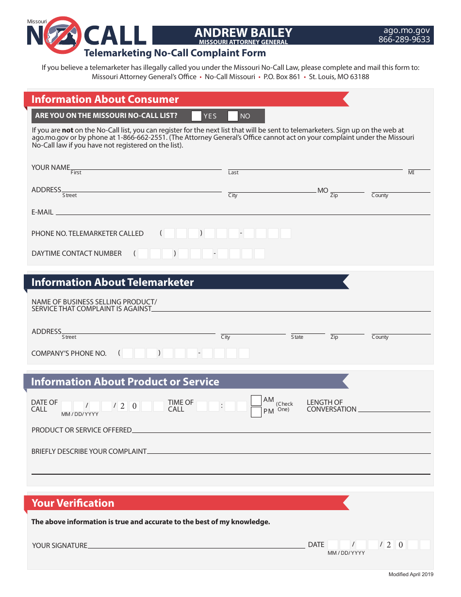 Missouri Telemarketing No-Call Complaint Form - Fill Out, Sign Online ...
