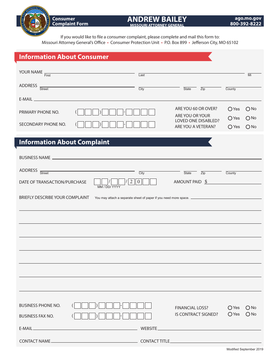 Missouri Consumer Complaint Form Fill Out, Sign Online and Download