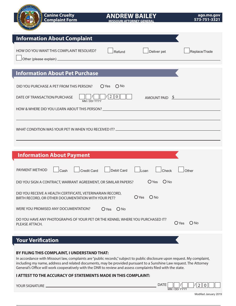 Canine Cruelty Complaint Form - Missouri, Page 2
