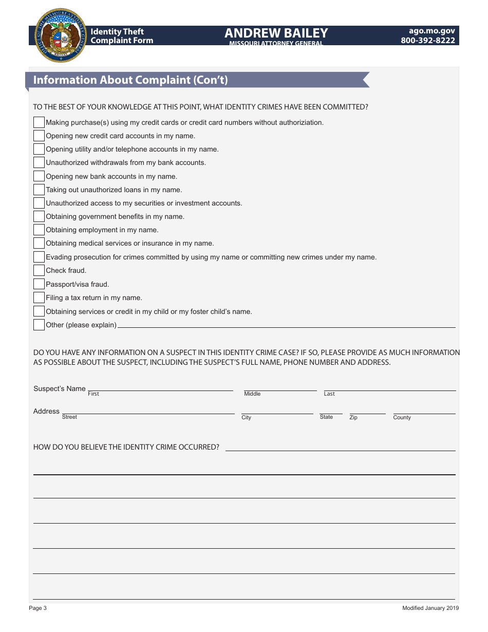 Identity Theft Complaint Form - Missouri, Page 3