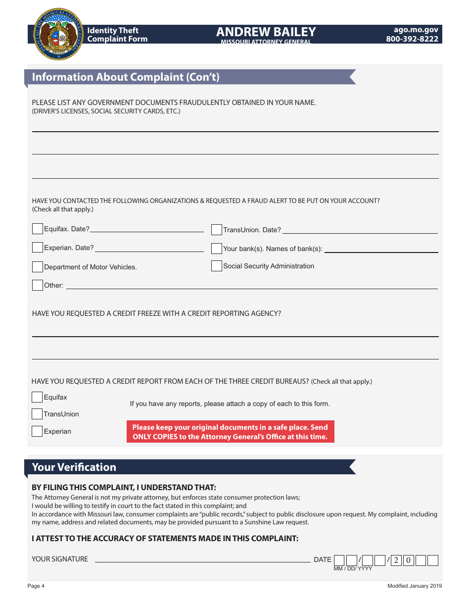 Identity Theft Complaint Form - Missouri, Page 4