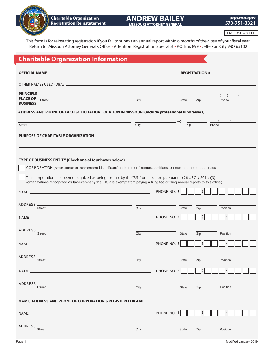 Missouri Charitable Organization Registration Reinstatement Fill Out