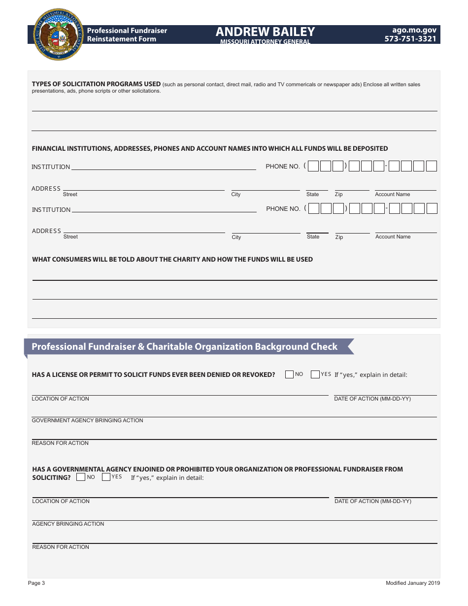 Professional Fundraiser Reinstatement Form - Missouri, Page 3