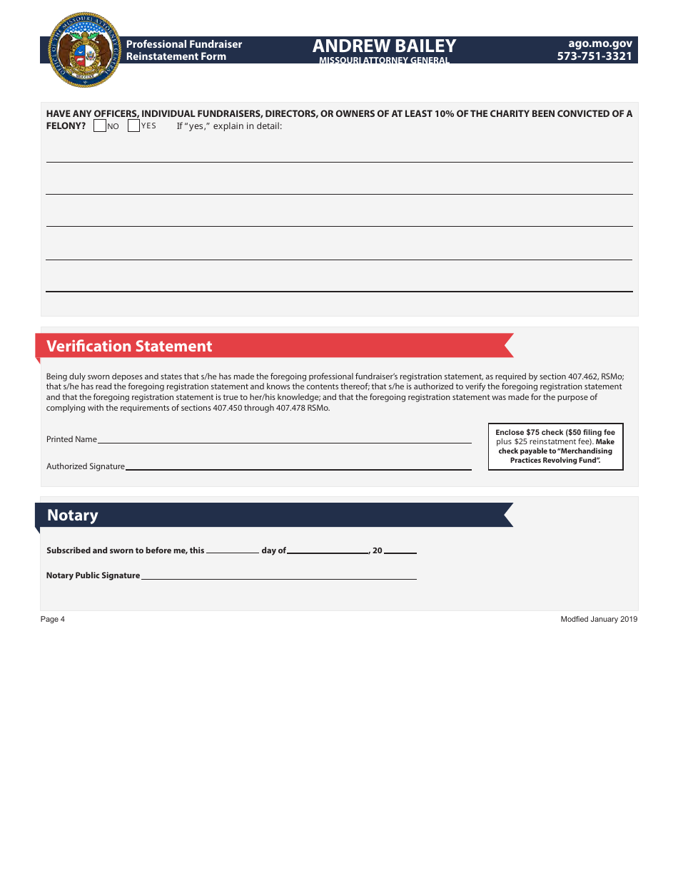 Professional Fundraiser Reinstatement Form - Missouri, Page 4