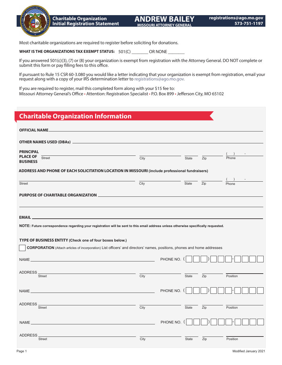 Missouri Charitable Organization Initial Registration Statement Fill