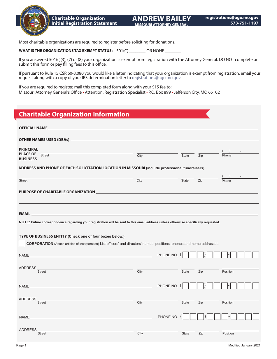 Charitable Organization Initial Registration Statement - Missouri, Page 1